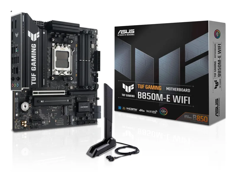 Mainboard|ASUS|AMD B850|SAM5|Micro-ATX|Memory DDR5|Memory slots 4|1xPCI-Express 4.0 1x|1xPCI-Express 4.0 16x|1xPCI-Express 5.0 16x|3xM.2|1xHDMI|2xDisplayPort|4xUSB 2.0|2xUSB 3.2|2xUSB-C|1xPS/2|1xRJ45|3xAudio port|TUFGAMINGB850M-EWIFI