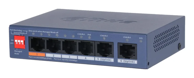 Switch|DAHUA|DH-CS4006-4ET2GT-60|Switch layer L2|2xRJ-45 ports|RJ-45 Ports Type Fast Ethernet (10/100)|4xGigabit Ethernet (copper) ports quantity|Power over Ethernet (PoE) Yes|4xPower over Ethernet (PoE) ports quantity|Total Power over Ethernet (PoE) budget 60 W|CS4006-4ET2GT-60