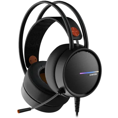 CANYON INTERCEPTOR GH-8A, Gaming headset 3.5mm jack plus USB connector for LED backlight, adjustable microphone and volume control, with 2in1 3.5mm adapter, cable 2M, Black and Orange, 0.36kg