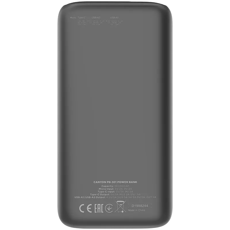 CANYON power bank PB-301 LED 30000 mAh PD 20W QC 3.0 Black