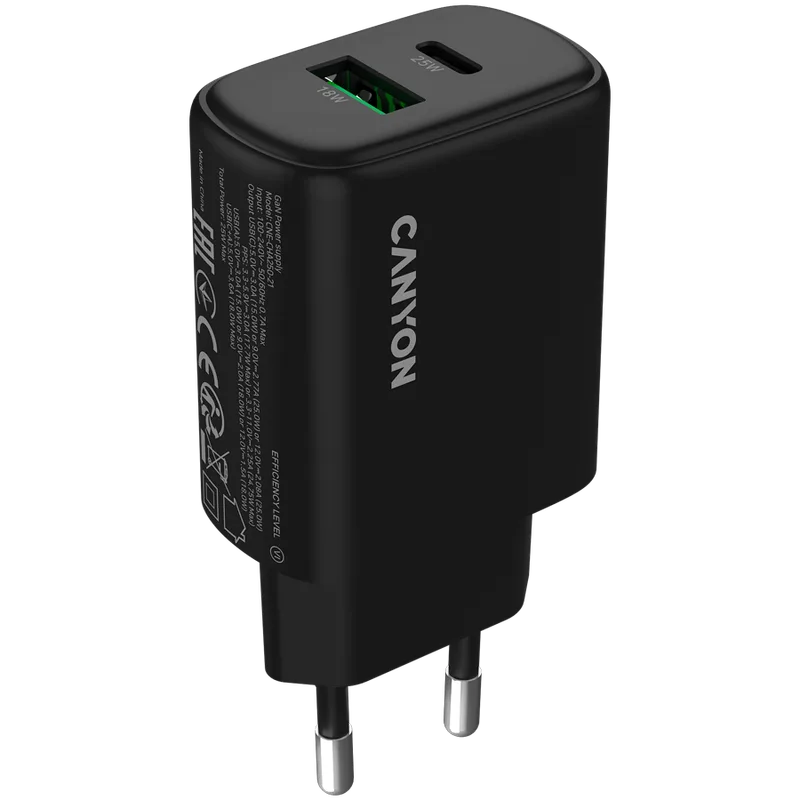 CANYON charger OnCharge 250 25W 1xPD 1xQC EU Black