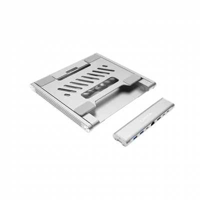 Canyon Laptop stands with hub, TYPE C F to HDMI2.0+2USB3.0+USBC3.0+RJ45+PD, TYEP C TO C cable 1m white with Emarker: HUSB332A, Material: Aluminum case+ABS+PS, Size: 245x240x27.2+/-0.3mm, Weight:1304g
