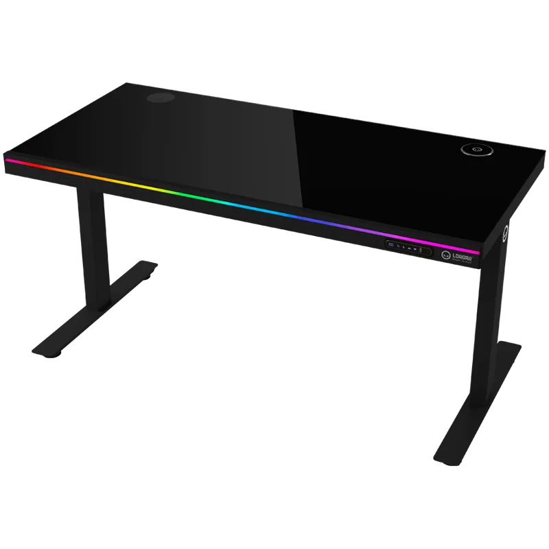 Dual-motor sit/stand adjustable-height gaming desk with wireless charger, RGB lighting, control panel, and USB ports, solid tempered glass tabletop, black.