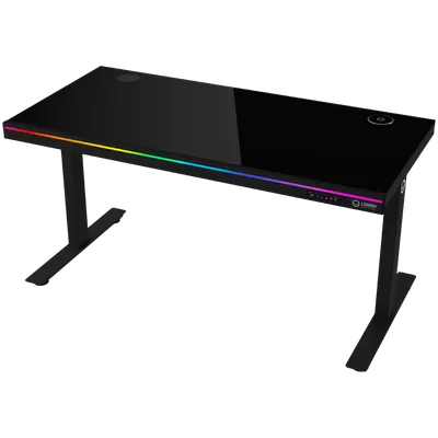 Dual-motor sit/stand adjustable-height gaming desk with wireless charger, RGB lighting, control panel, and USB ports, solid tempered glass tabletop, black.