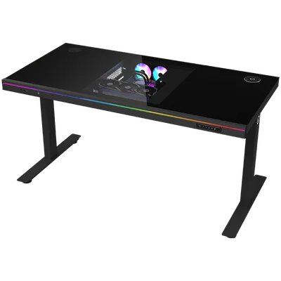 Dual-motor sit/stand adjustable-height gaming desk with built-in PC case, wireless charger, RGB lighting, control panel, and USB ports, tempered glass tabletop, black.