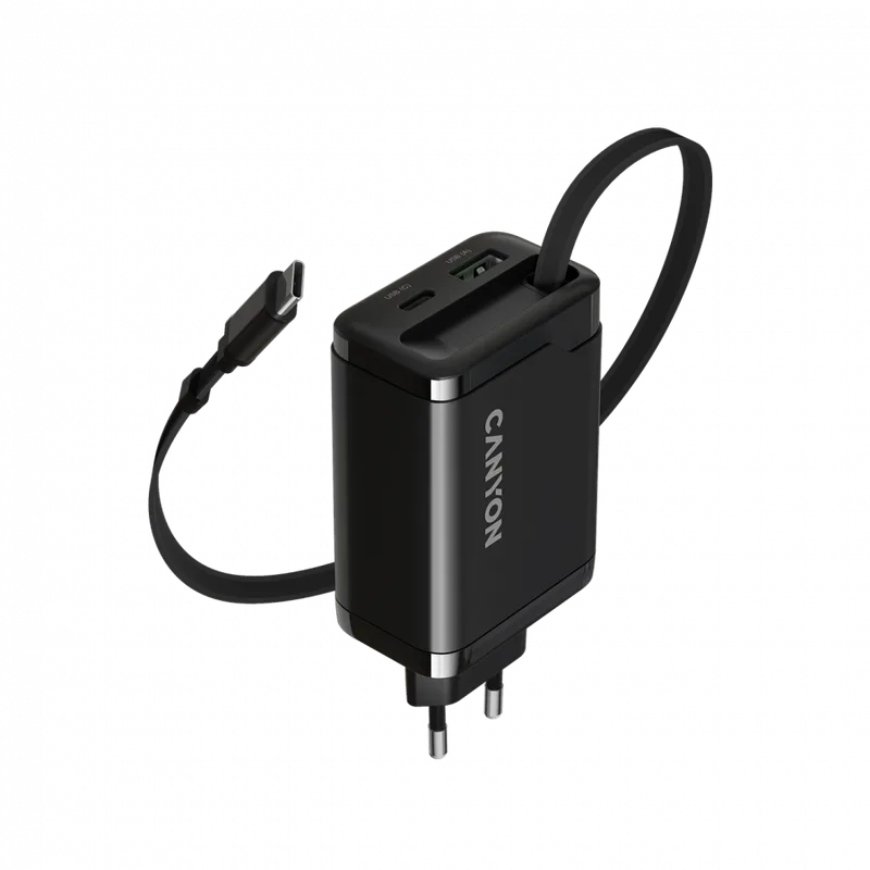 CANYON charger OnCharge 65RC Build-In Cable USB-C 65W 1xPD 1xQC EU Black
