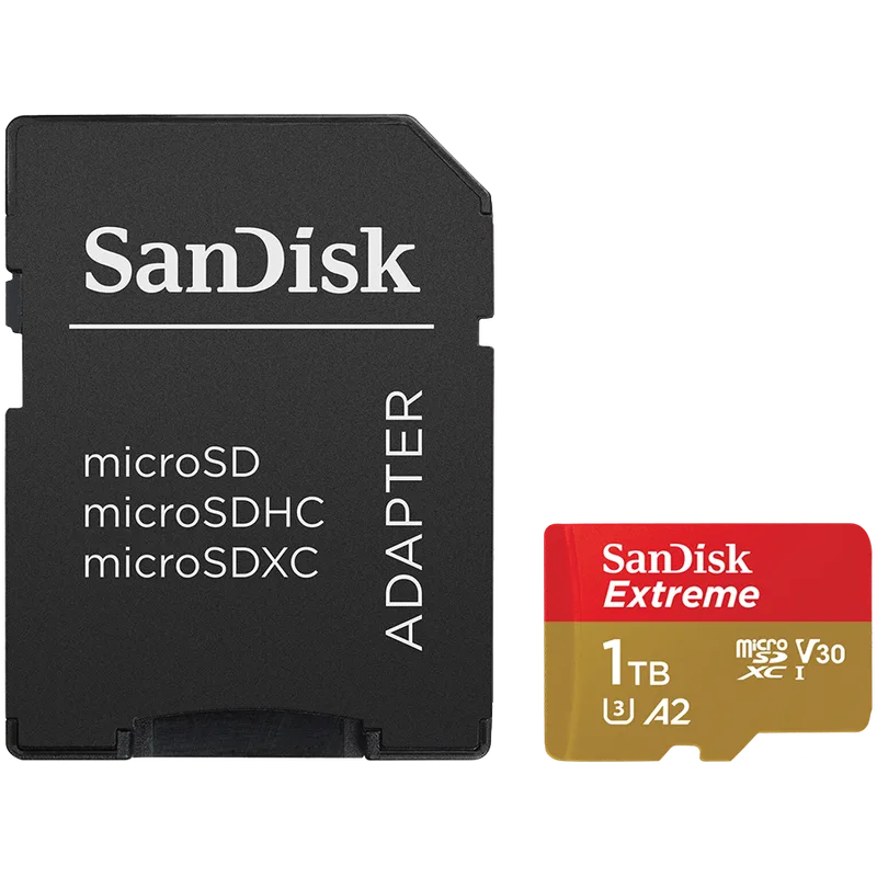 SANDISK Extreme microSDXC 1TB + SD Adapter + 1 year RescuePRO Deluxe up to 190MB/s & 130MB/s Read/Write speeds A2 C10 V30 UHS-I U3