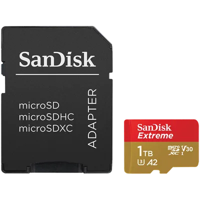 SANDISK Extreme microSDXC 1TB + SD Adapter + 1 year RescuePRO Deluxe up to 190MB/s & 130MB/s Read/Write speeds A2 C10 V30 UHS-I U3
