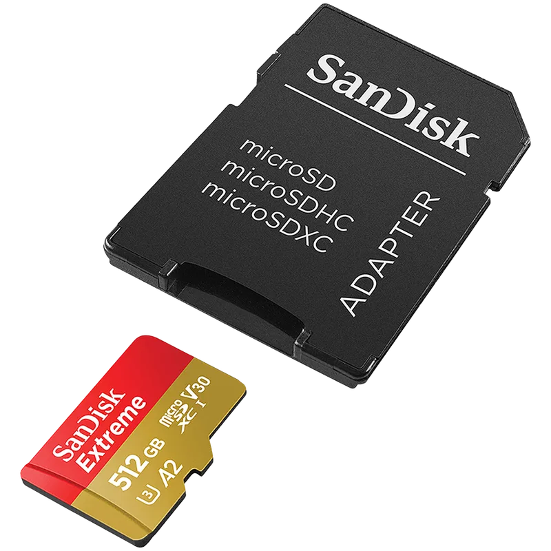SANDISK Extreme microSDXC 512GB + SD Adapter + 1 year RescuePRO Deluxe up to 190MB/s & 130MB/s Read/Write speeds A2 C10 V30 UHS-I U3