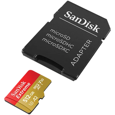 SANDISK Extreme microSDXC 512GB + SD Adapter + 1 year RescuePRO Deluxe up to 190MB/s & 130MB/s Read/Write speeds A2 C10 V30 UHS-I U3
