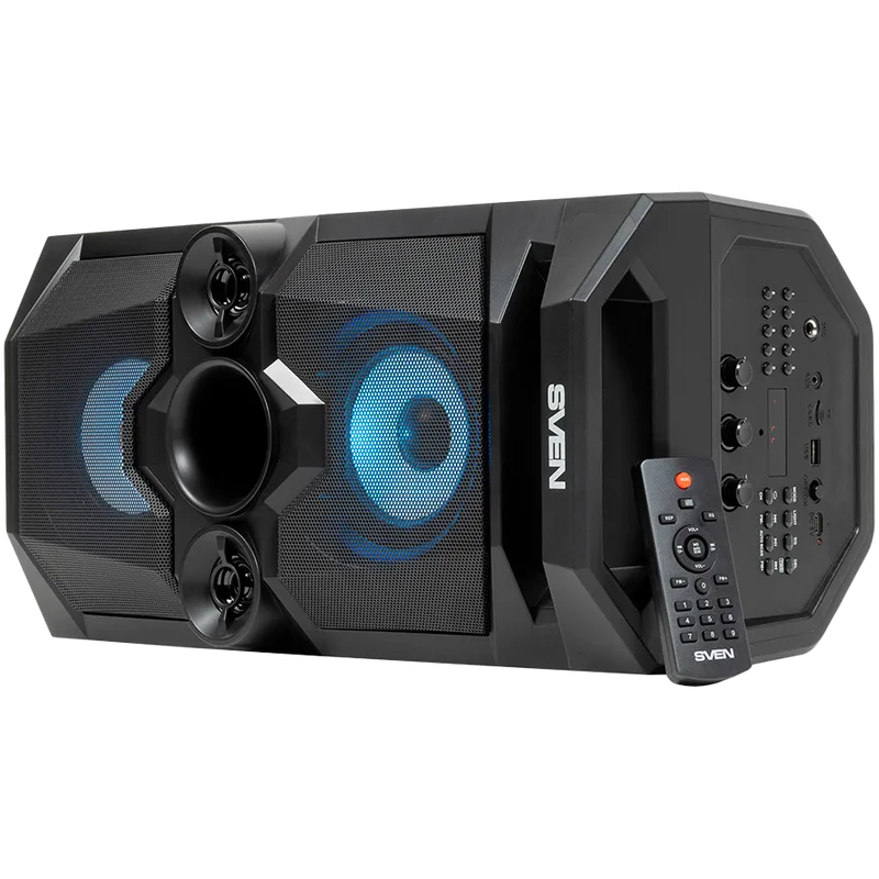 SVEN PS-655 2x25W; LED display; TWS; FM radio; AUX; USB/SD-card support;Lighting; Microphone input (karaoke); Remote Control; Built-in equalizer