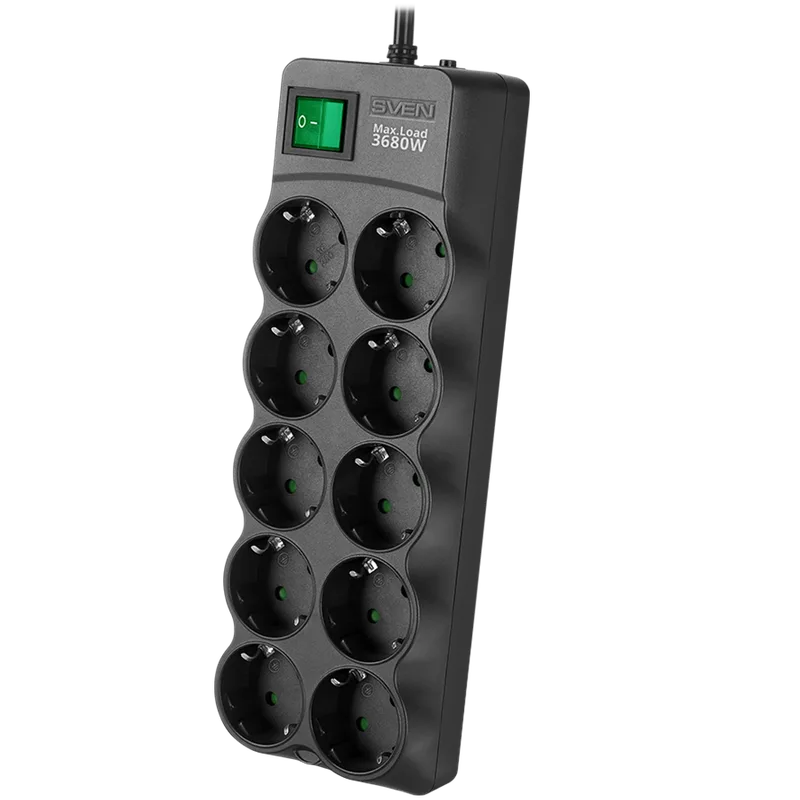 Surge Protector SVEN  SF-10E-16 1,8 m, 16A, 3.6kW, (10 sockets with children protection), black