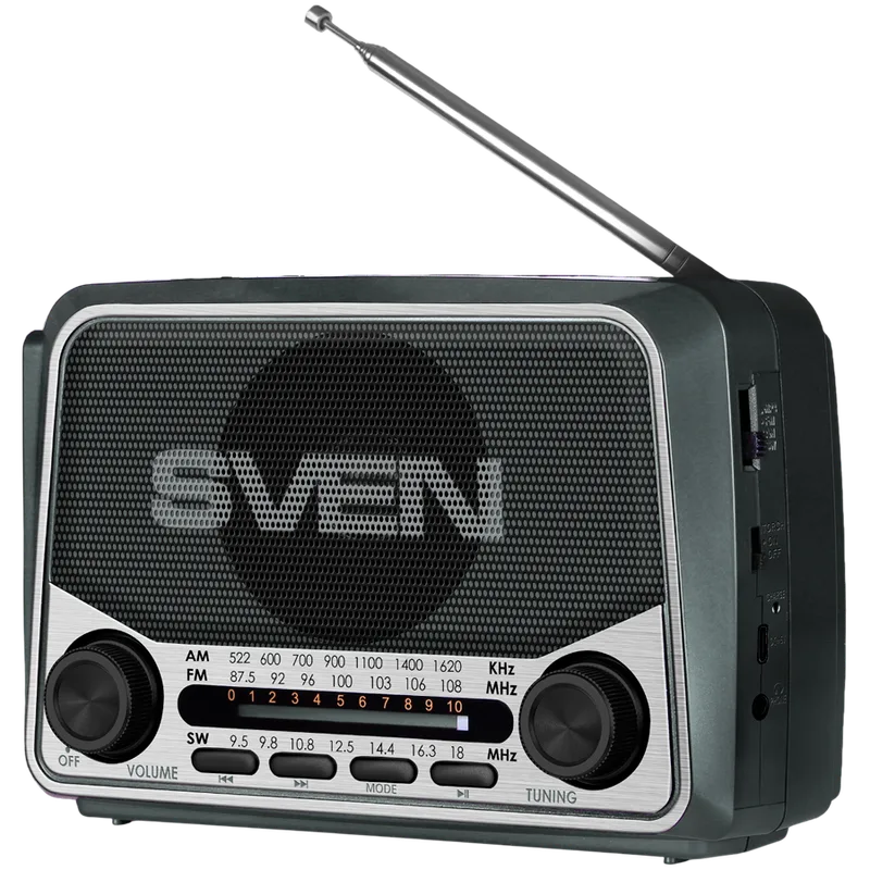 Speaker SVEN SRP-150, gray (3W, Bluetooth, FM/AM/SW, USB, microSD, flashlight, battery)