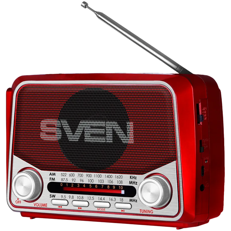 Speaker SVEN SRP-150, red (3W, Bluetooth, FM/AM/SW, USB, microSD, flashlight, battery)