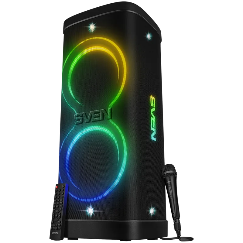 Speaker Party Box SVEN PS-1250, black (300W, TWS, IPx4, Bluetooth, FM, USB, microSD, LED-display, 13500mAh)