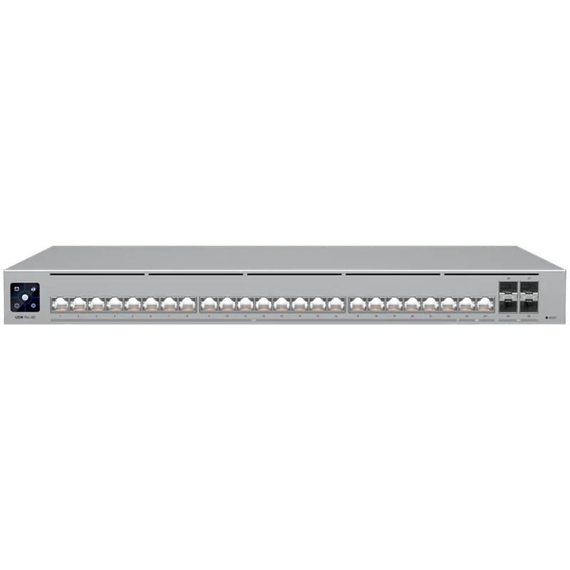 Ubiquiti Layer 3 Etherlighting switch USW-PRO-HD-24-EU, (22) 2.5 GbE, (2) 10 GbE ports, (4) 10G SFP+ ports. DC power backup ready