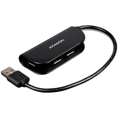 Handy four-port USB 2.0 hub with a permanently connected USB cable. Black.