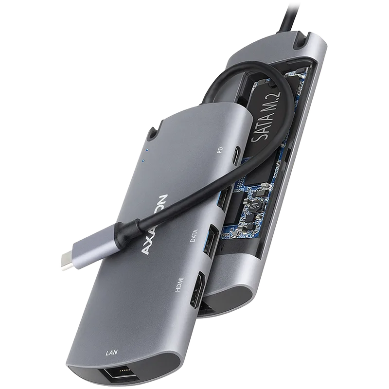 Axagon HMC-6M2 SUPERSPEED USB-C COMBO 6IN1 HUBMultiport USB 3.2 Gen 1 hub. SATA M.2, HDMI, Gigabit LAN and Power Delivery. Cable USB-C 18 cm.