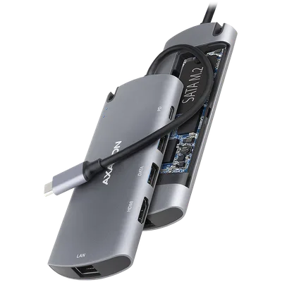 Axagon HMC-6M2 SUPERSPEED USB-C COMBO 6IN1 HUBMultiport USB 3.2 Gen 1 hub. SATA M.2, HDMI, Gigabit LAN and Power Delivery. Cable USB-C 18 cm.