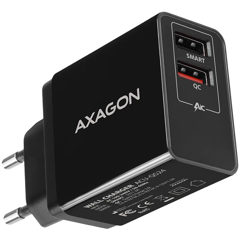 Dual wallcharger <240V / 2x USB port QC3.0/AFC/FCP + 5V-1.2A. 24W total power.