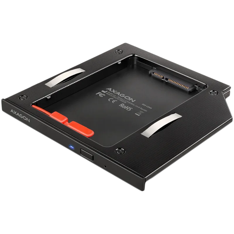 AXAGON RSS-CD09 2.5'' SSD/HDD caddy into DVD slot, 9.5 mm, LED, ALU