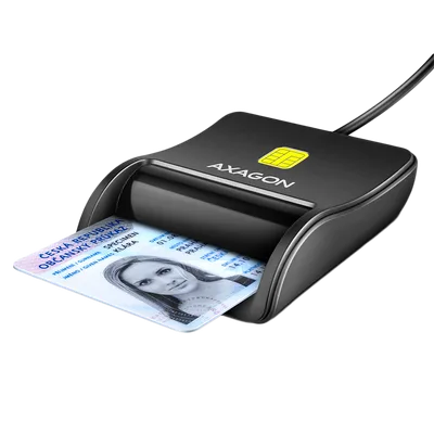 Compact desktop USB contact Smart / ID card reader with long, USB-A cable.