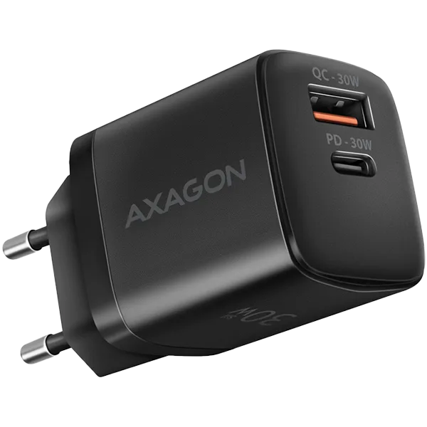 Axagon Sil wallcharger 2x port (USB-A + USB-C), PD3.0/QC4+/PPS/AFC/Apple. 30W total power.