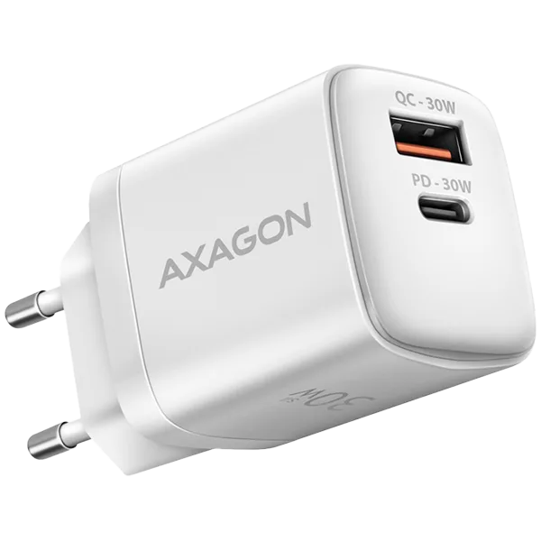 Axagon Sil wallcharger 2x port (USB-A + USB-C), PD3.0/QC4+/PPS/AFC/Apple. 30W total power.