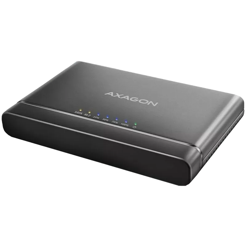 Axagon USB 3.2 Gen 2 adapter for connecting NVMe M.2 SSDs and SATA 2.5''/3.5'' drives with cloning function.