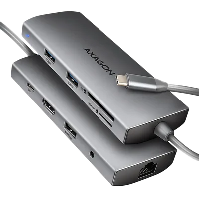 AXAGON HMC-8HLSA USB-C 3.2 Gen 1 hub, 3x USB-A + 4K/30Hz HDMI + SD/microSD, GLAN, Audio, PD 100W, 20cm USB-C cable