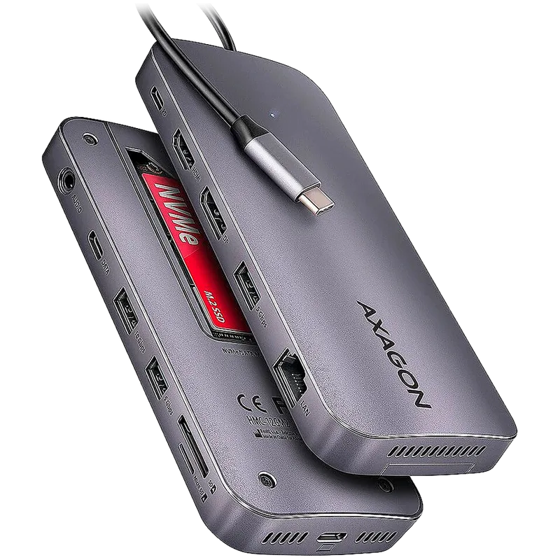 AXAGON Multiport USB-C 10Gbps hub. NVMe/SATA M.2, HDMI and DisplayPort. Cable USB-C 50 cm.