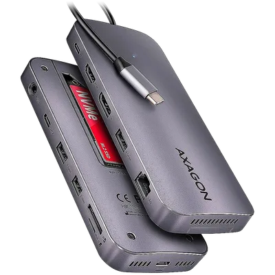 AXAGON Multiport USB-C 10Gbps hub. NVMe/SATA M.2, HDMI and DisplayPort. Cable USB-C 50 cm.