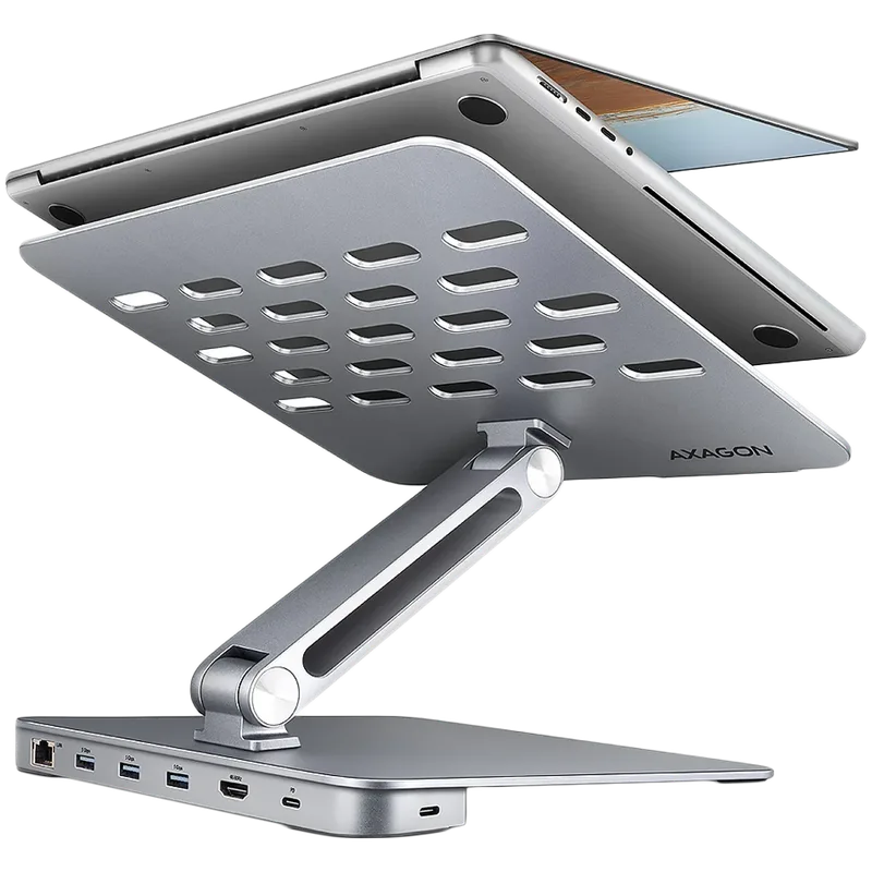 AXAGON HMC-STND ALU stand with HUB 5Gbps, for 10'' - 16'' laptops, adjustable, 3x USB-A, HDMI 4K/60Hz, GLAN, PD 100W, USB-C input