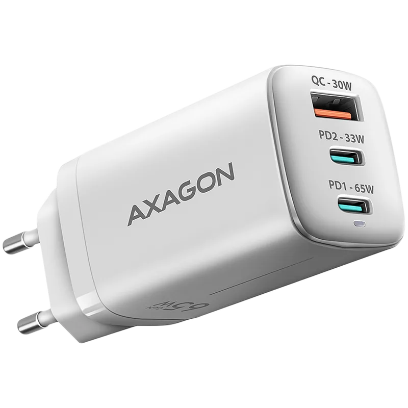 AXAGON ACU-DPQ65W GaN Wall charger, 3x port (USB + dual USB-C), PD3.0/QC4+/PPS/Apple, 65W, white