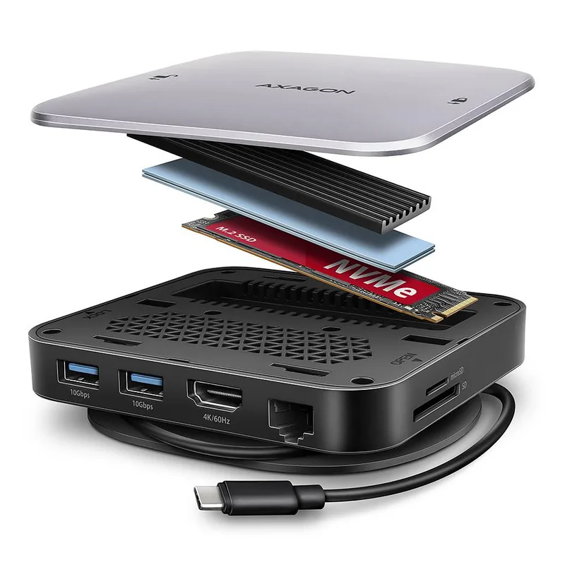 AXAGON HMC-UFO USB 10Gbps hub, 2x USB-A, USB-C, HDMI 4k/60, RJ-45, M.2, SD/mSD, audio, PD