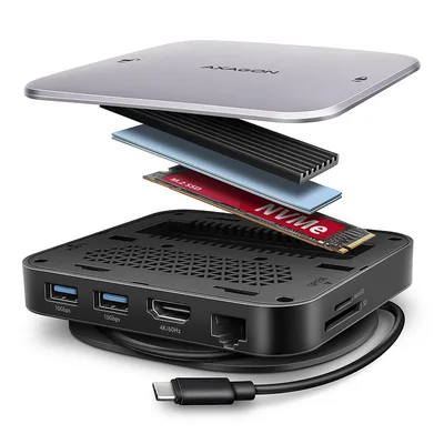 AXAGON HMC-UFO USB 10Gbps hub, 2x USB-A, USB-C, HDMI 4k/60, RJ-45, M.2, SD/mSD, audio, PD