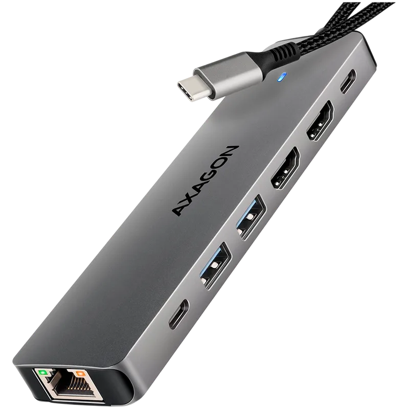 AXAGON HMC-7HX2 USB-C 3.2 Gen 1 hub, 2x USB-A + 1x USB-C, 2x HDMI 4K 60Hz, GLAN, PD 100W, 15cm USB-C cable