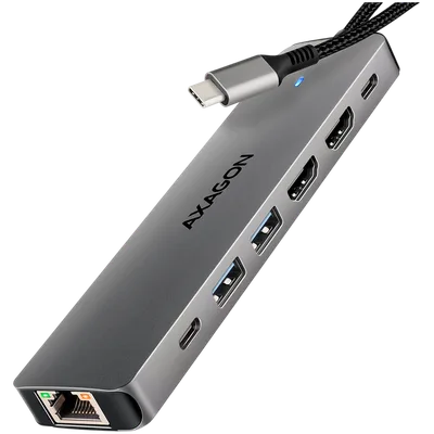 AXAGON HMC-7HX2 USB-C 3.2 Gen 1 hub, 2x USB-A + 1x USB-C, 2x HDMI 4K 60Hz, GLAN, PD 100W, 15cm USB-C cable