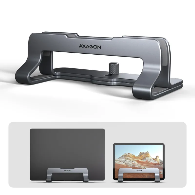 STND-VG vertical stand for laptops and tablets. Aluminum stand for vertical insertion of laptops sized 10-17.3. Adjustable slot width 9.5-25.5 mm. Grey version.
