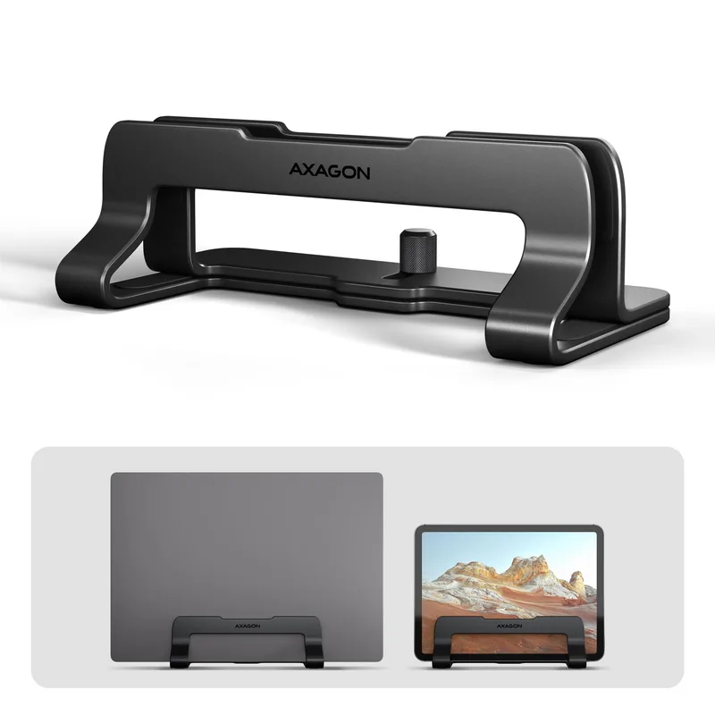 STND-VB vertical stand for laptops and tablets. Aluminum stand for vertical insertion of laptops sized 10-17.3. Adjustable slot width 9.5-25.5 mm. Black version.