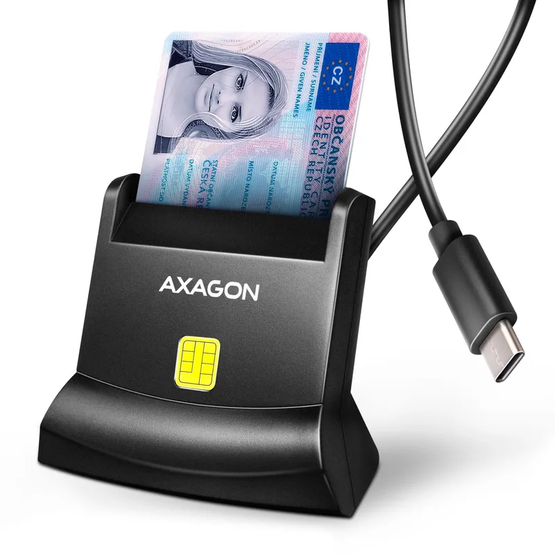 CRE-SM4NC USB-C Smart card StandReader. Universal desktop USB contact Smart ID card reader with a long USB-C cable.